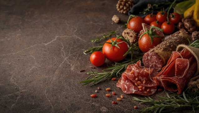 European culinary ingredients including meat cuts tomatoes and aromatic herbs on a textured dark stone background for food marketing