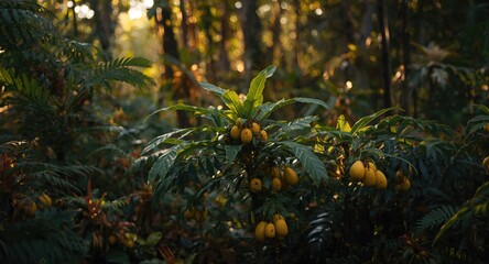 Fototapeta premium Guarana plants with ripe fruits in lush natural setting