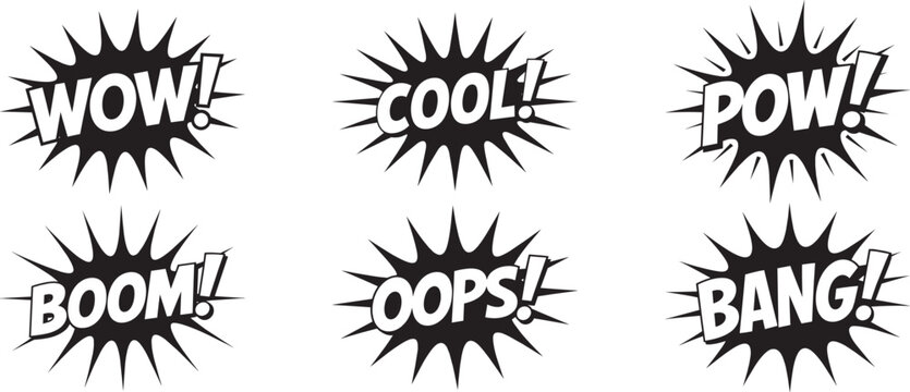 Comic speech burst set with wow cool pow boom oops bang words