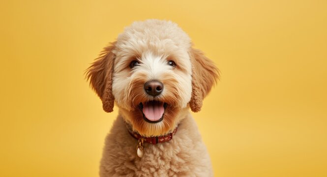 Happy Labradoodle pet with stylish Asian inspired haircut on bright background