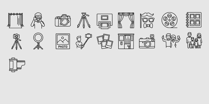 Icon set collection of professional photography and photo booth equipment, including cameras, tripods, lighting, film rolls, and family portrait accessories.