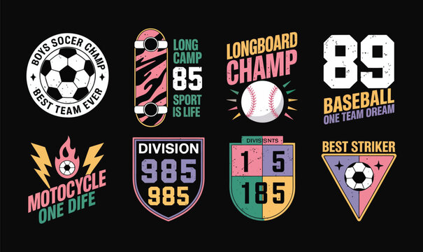Sports Team Badge Logo Set For Retro Varsity Skateboard Baseball Soccer Apparel Merchandise