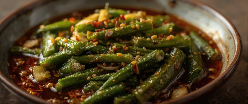 Delicious boiled okra salad tossed in savory soy sauce and aromatic sesame oil