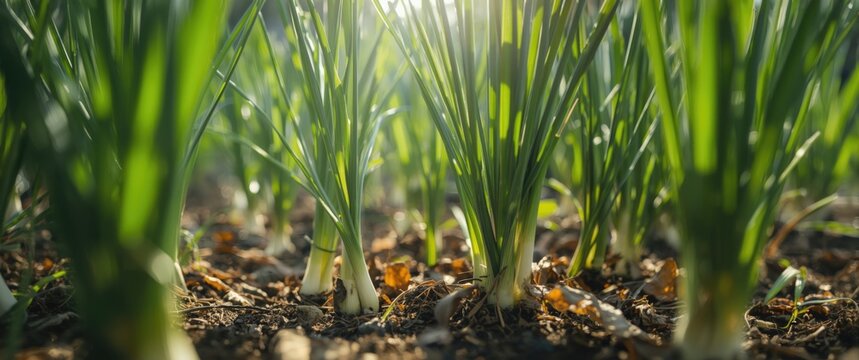 Close perspective on a backyard garden bed planted with green onions and scallions