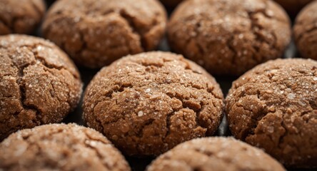 Fototapeta premium Close up of round brown cookies with a sugary confectionery texture