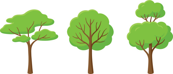 Green trees collection icon set vector illustration isolated on white background flat cartoon style plants with brown trunks and foliage for nature landscape design © MdArif