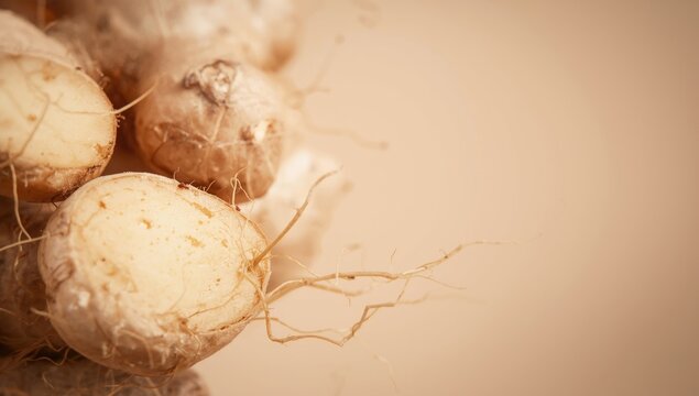 Close up photograph of fresh ginger rhizomes with slender fibrous roots