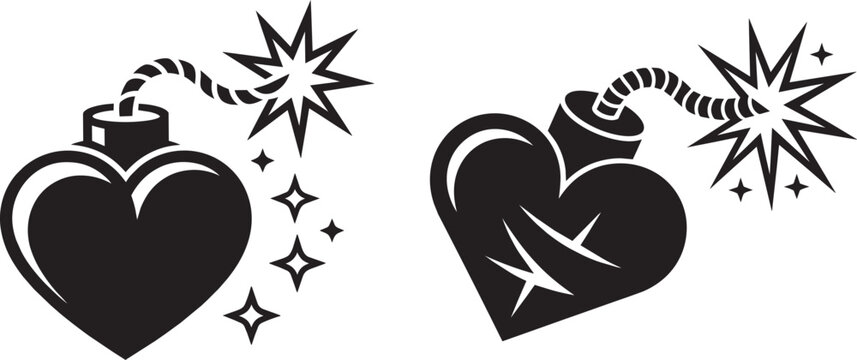 Heart bomb icons with fuse and spark in black vector design style
