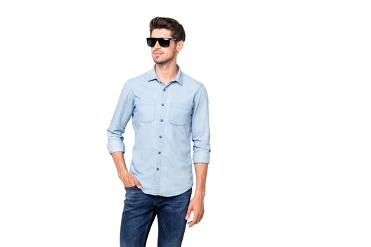 Portrait of virile stunning gorgeous man in spectacles look want attract girls feel dream dreamy wear denim jeans  outfit isolated over grey color background