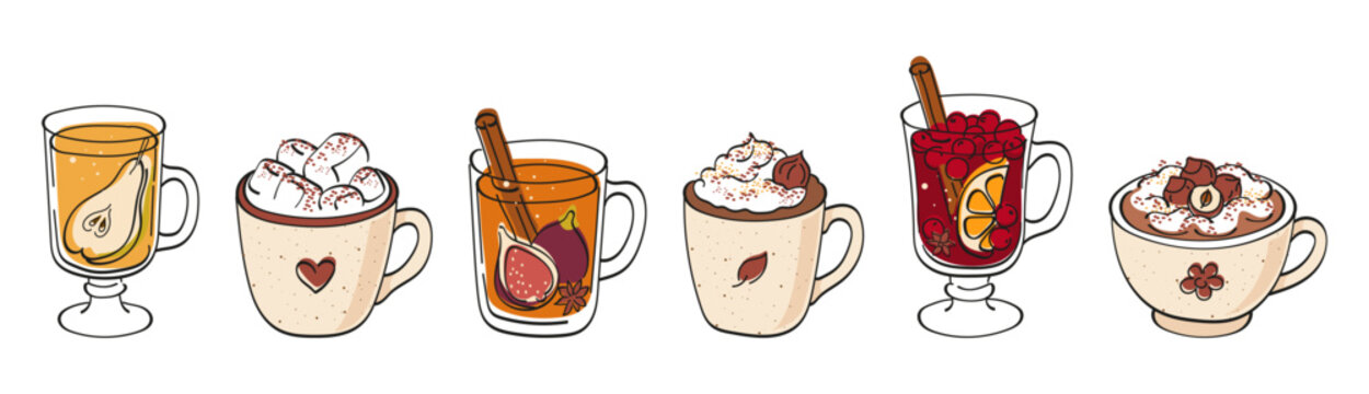 Cozy hot drinks vector set: caramel pear tea, marshmallow cocoa, fig cider, chestnut mocha, cranberry punch and hazelnut cappuccino, isolated on white background