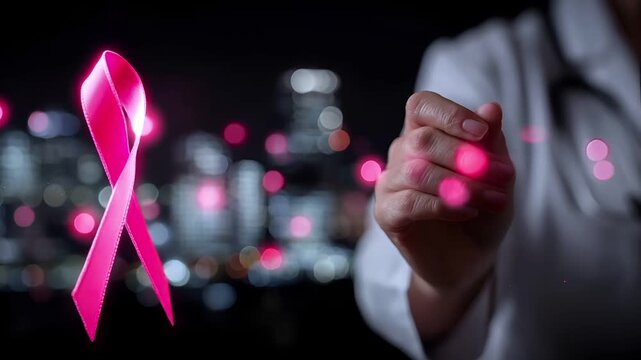 Breast cancer awareness day. A closeup shot of a persons hand holding a glowing pink ribbon against a cityscape at night. The person wears a white shirt.