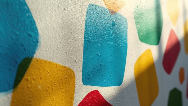 Detailed view of bright multicolor shapes on a gently shadowed textured wall