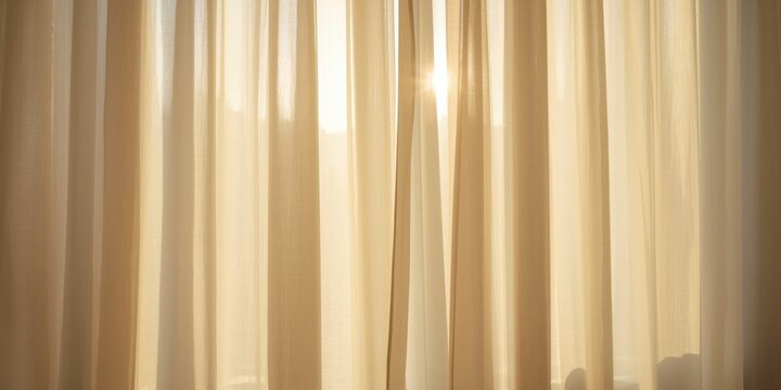 Close up of translucent curtains outlining blurred plastic windows under warm summer illumination