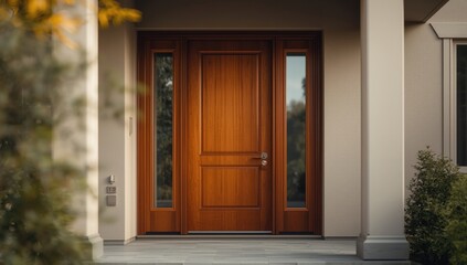 Fototapeta premium Contemporary house front with rich mahogany door and clear copy space