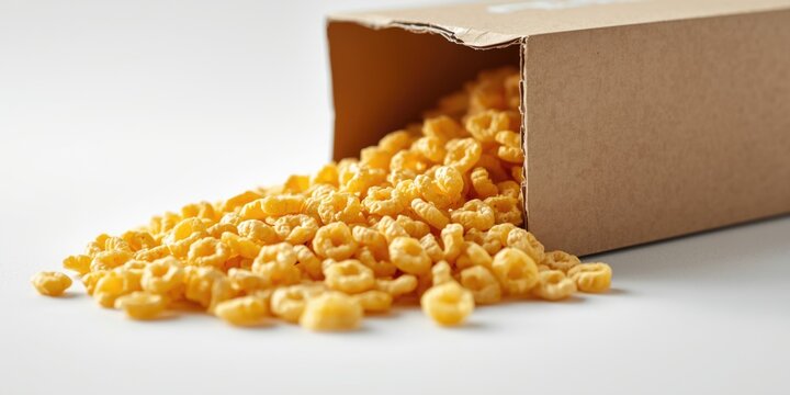Close up of corn flakes being poured from a box with white background
