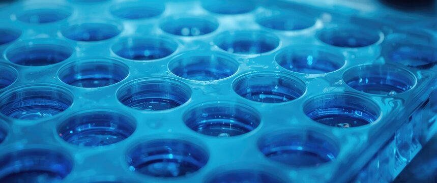 Closeup of DNA amplification process with blue dye in plastic multiwell plate for genetic research