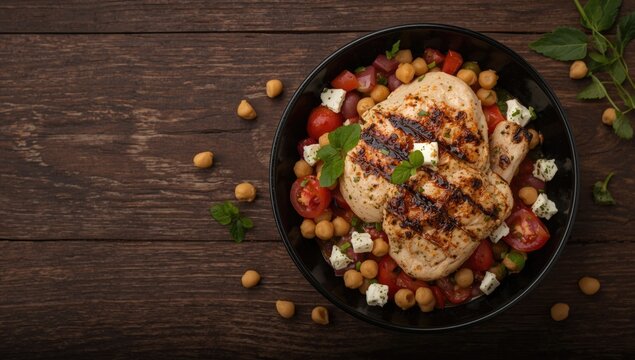 Delicious grilled chicken Mediterranean salad with chickpeas mixed beans tomatoes and feta cheese in black bowl on wooden surface copy space