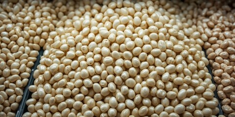 Fototapeta premium Display of multiple pale white beans or pearl haricot beans in grocery store aisle