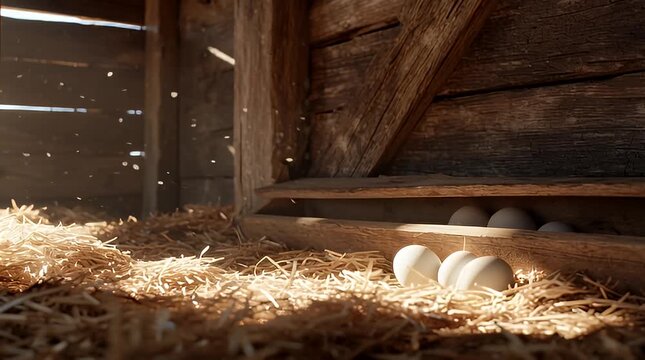 Cinematic shot of fresh white eggs lying on golden straw inside a rustic wooden chicken coop. Soft morning sunlight filters through a door, illuminating dust motes and creating a warm atmosphere.
