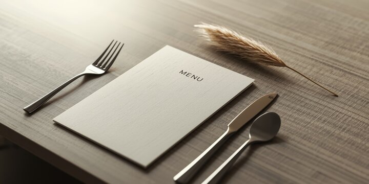 Flat layout showing blank menu with dish cutlery and dry grass spike for sleek dining presentation