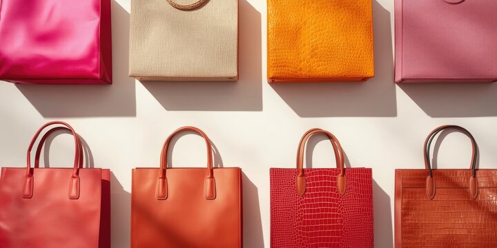 Eight colorful shopping bags with different textures and handle types displayed in a structured grid formation over a white background