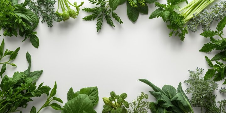 Fresh green culinary herbs on white backdrop with ample copy space