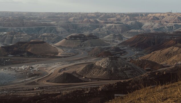 Copper ore mining waste hills spread across an industrial excavation site