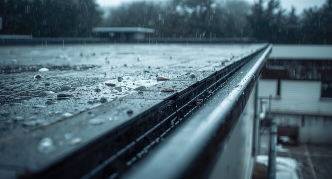 Close up perspective of rainwater drainage system on flat rooftop with protective waterproof layer and adjacent gutter