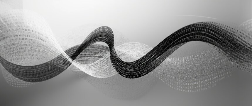 Conceptual abstract waves of binary code in black and white showing digital transmission