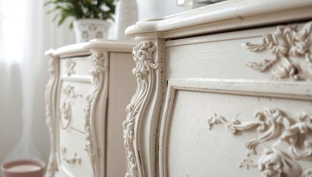 Creative home DIY painting of intricately detailed white furniture after surface priming