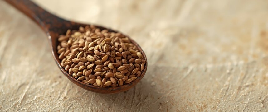 Detailed view of ajwain seeds in rustic spoon capturing texture and warm tones on a soft background