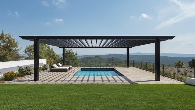 Contemporary black bioclimatic pergola covering a teak tiled terrace with swimming pool and green grass border viewed from the sky