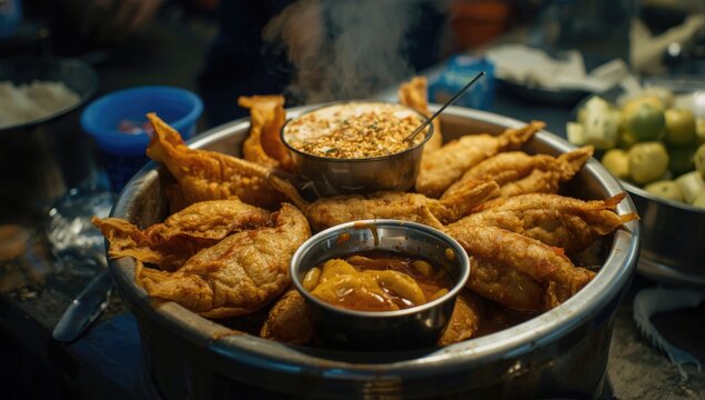 Dumplings of fried fish called Batagor presented with thick peanut sauce at a bustling street food stall
