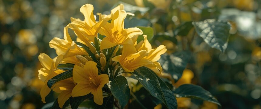 Close up view of vibrant Tecoma stans blossoms with green leaves