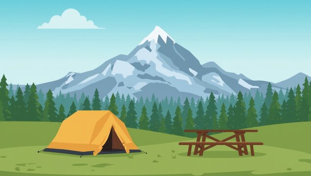 Flat vector tourist campground with tent and picnic table set against mountain and forest scenery