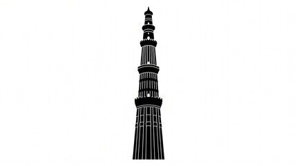 Obraz premium Quit Minar New Delhi Silhouette, Black Vector Icon of Historical Minaret Isolated on White