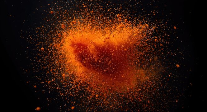 Freeze frame of vibrant orange spice powder explosion with pepper grains in midair against a dark backdrop
