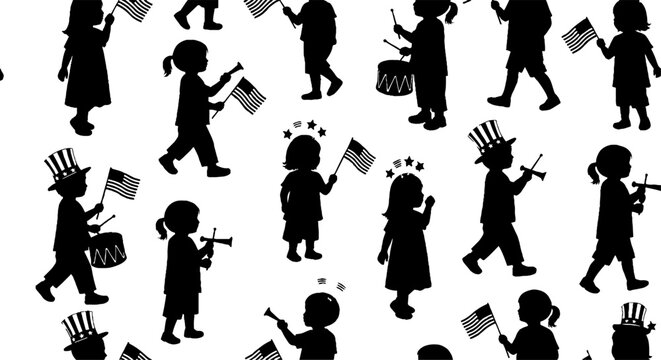 Patriotic children marching in parade with flags and instruments