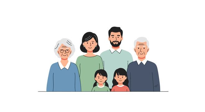 Three generation family portrait illustration with grandparents parents and children.