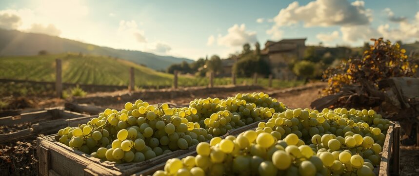 Fresh Vermentino grape bunches prepared for picking in a rustic farm landscape