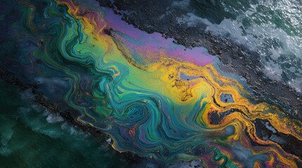 Fototapeta premium An oil spill forms unique patterns in the dark ocean, showcasing vibrant colors and swirling shapes in this aerial view of the water