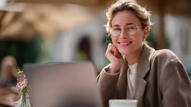 Female diversity. Human rights, equal opportunity concept. A portrait of a woman seated at a table in an outdoor cafe. She wears a beige coat and round glasses, her hand resting on her chin.