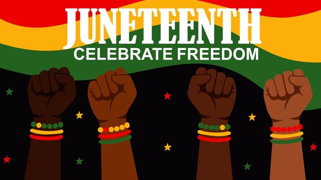 Powerful Juneteenth celebration footage featuring raised fists, African heritage colors, and freedom message. Ideal for equality, unity, liberation, justice, and cultural events.
