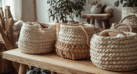 Fototapeta premium Cozy room interior featuring a wooden table with beige knitted baskets and natural jute knit shopping bags