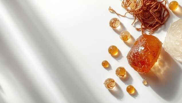 Detailed view of sticky mastic resin drops against white background