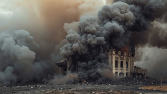 Dense smoke generated from building after coal mine blast using cast explosives