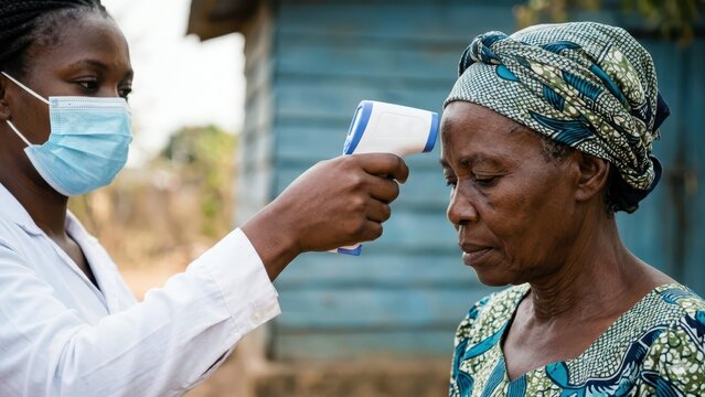 Healthcare worker checking elderly woman temperature during health screening for preventive healthcare and community support protecting vulnerable populations in rural settings