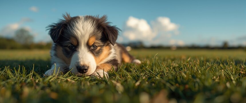 Content Australian Shepherd puppy resting on lush green grass lawn on a warm summer day