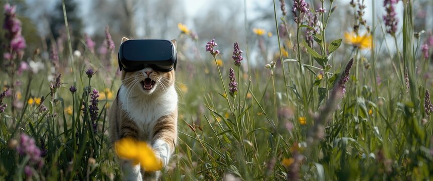 Energetic cat exploring a summer field in VR headset among colorful blossoms and green grass