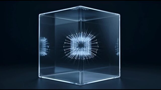 Abstract glowing geometric digital pattern light lines forming a futuristic cube structure high tech design background